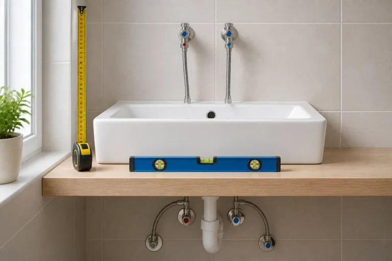 Hauteur d’installation d’un robinet de salle de bain vérifiée avec mètre ruban et niveau à bulle sur lavabo moderne