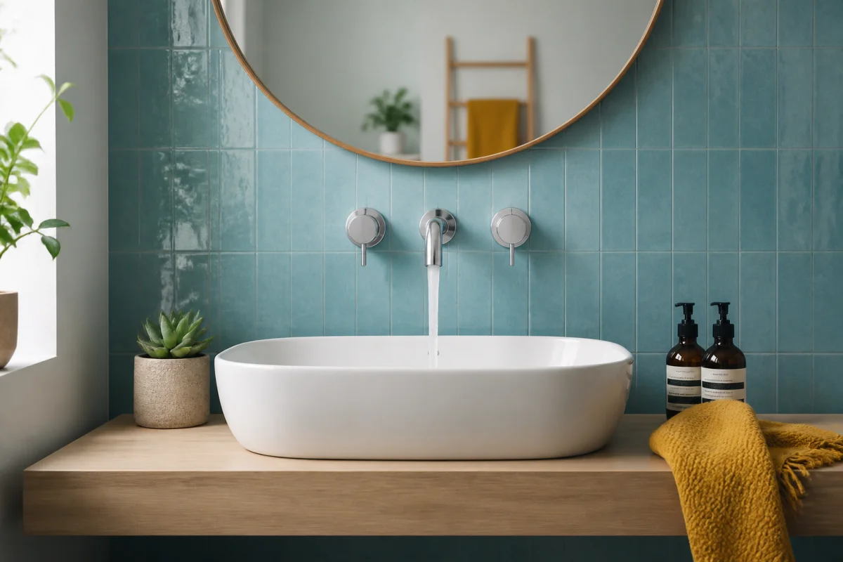 Hauteur d’installation d’un robinet de salle de bain mural au-dessus d’un lavabo suspendu en faïence bleu-vert