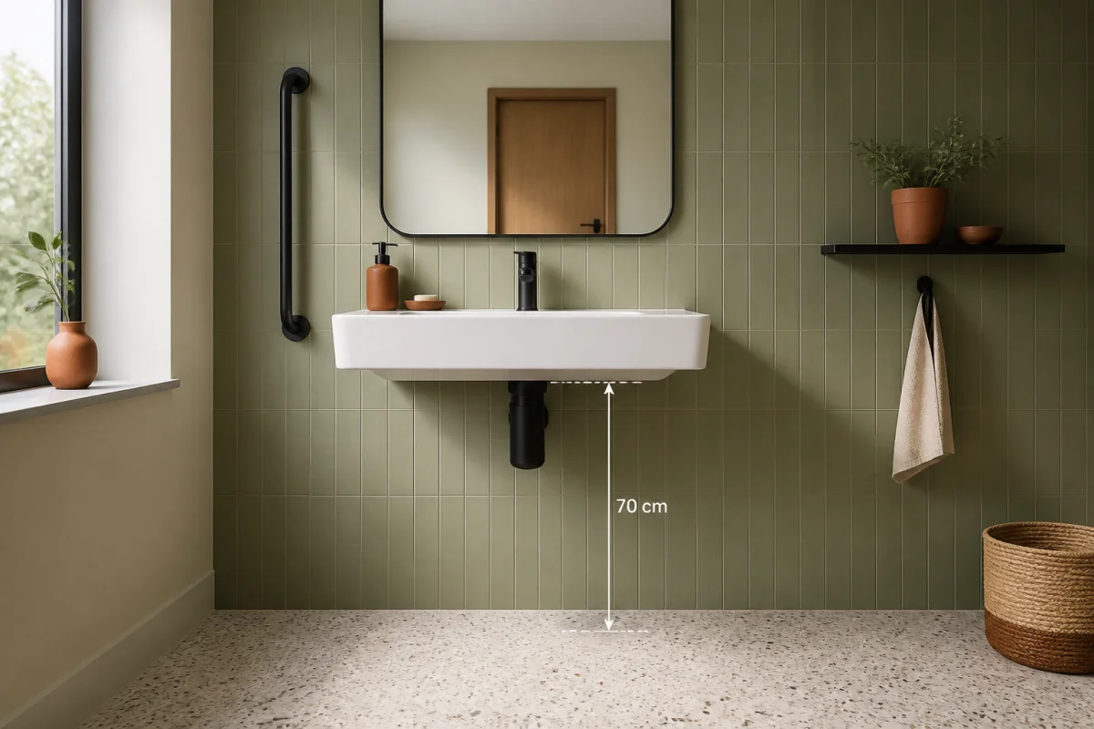 Hauteur lavabo PMR avec espace libre de 70 cm sous la vasque et robinet ergonomique mural