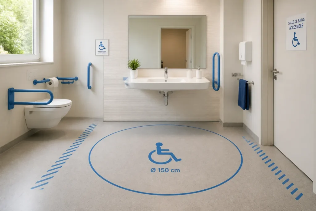 Hauteur lavabo PMR avec espace de rotation matérialisé au sol dans une salle de bains accessible