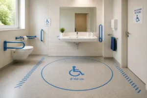 Hauteur lavabo PMR avec espace de rotation matérialisé au sol dans une salle de bains accessible