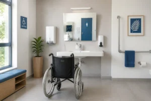Lave-main suspendu à 75 cm, accessible en fauteuil roulant, avec espace dégagé sous la vasque et accessoires adaptés