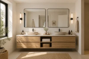Salle de bain moderne avec double vasque et miroir mural à hauteur confortable pour le regard