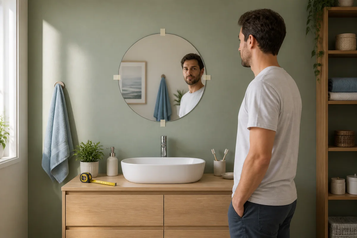 Hauteur miroir salle de bain à 160 cm, centré au-dessus d’une vasque dans une salle de bain contemporaine
