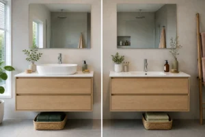 Comparaison de la hauteur d’une vasque de salle de bain à poser et d’une vasque intégrée au plan encadré par deux meubles alignés