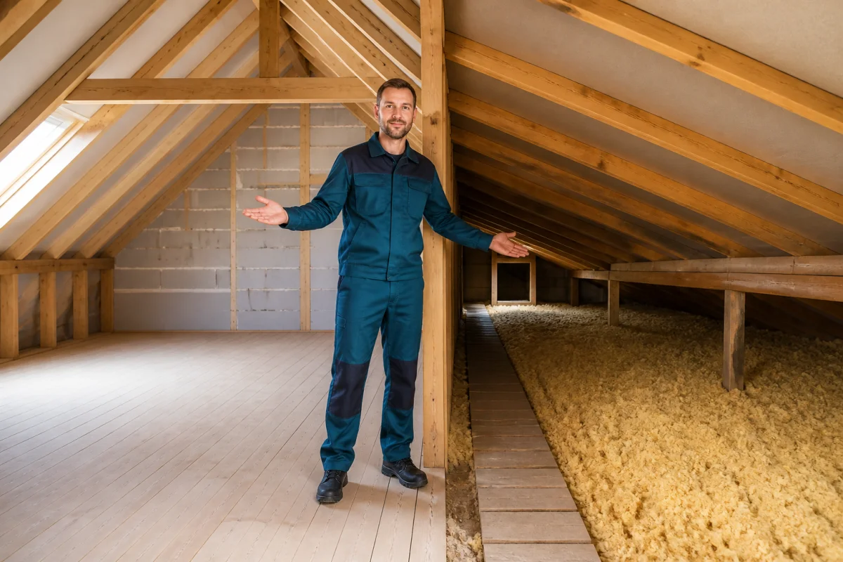 Isolation des combles aménageables et perdus présentée par un professionnel sous toiture.