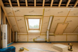 Isolation des combles avec panneaux ajustés, raccords étanches et lame d’air ventilée sous une toiture résidentielle