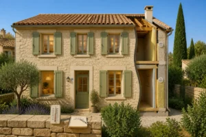 Maison ancienne en pierre rénovée par une entreprise de maçonnerie à Arles, avec isolation renforcée et intérieur chaleureux.