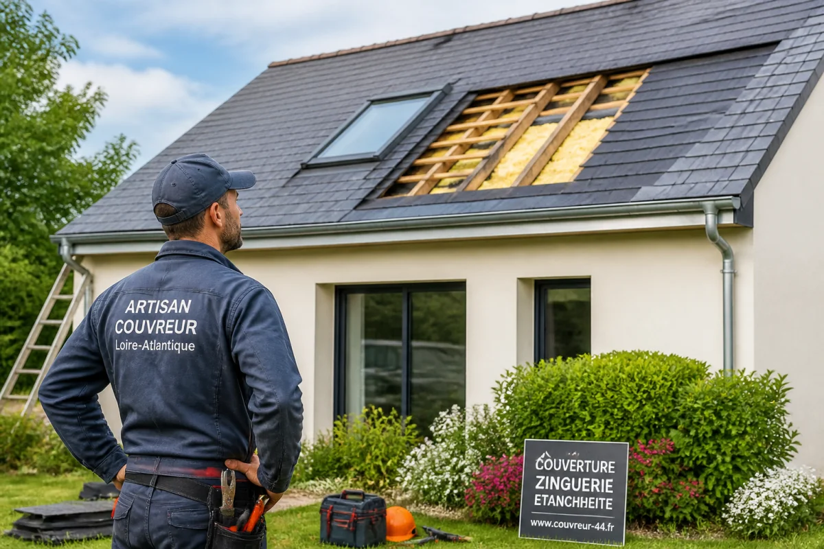 Nantes Toiture, artisan couvreur inspectant une toiture rénovée avec fenêtre de toit et gouttière en zinc en Loire-Atlantique