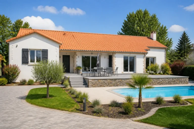 Nantes Toiture : maison rénovée avec toiture entretenue, façade propre, terrasse, muret et piscine en Loire-Atlantique
