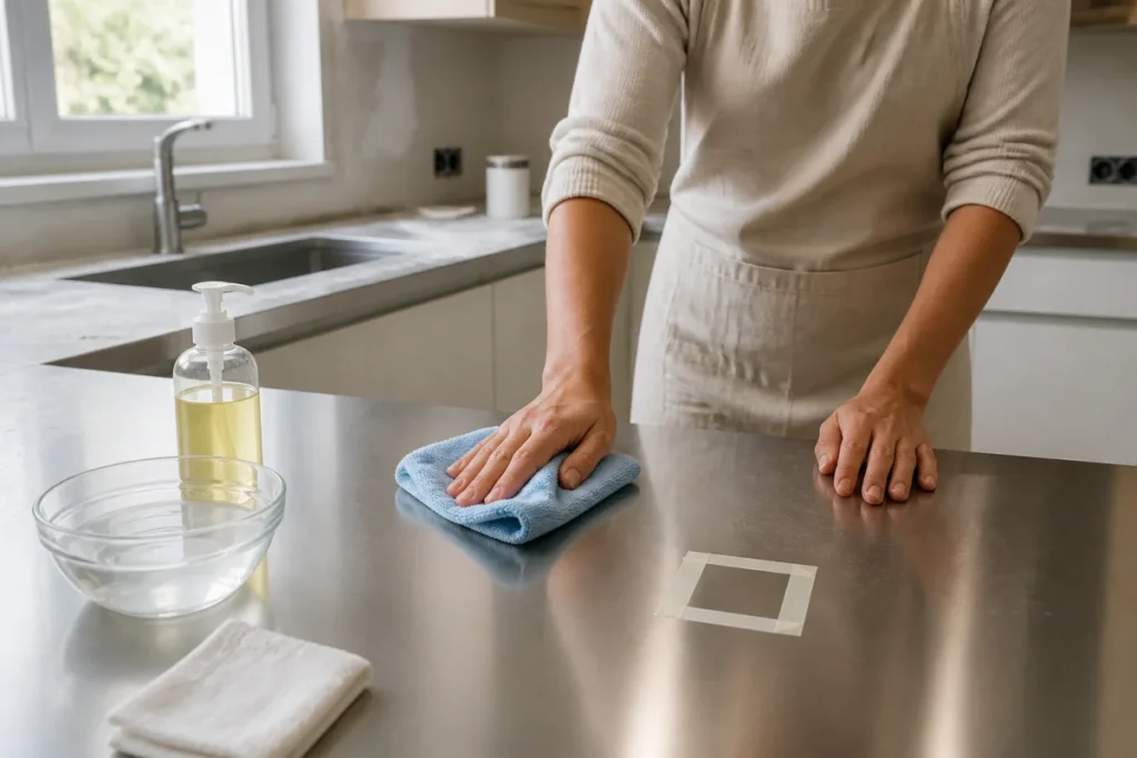 Nettoyer l’inox dans la maison avec une microfibre, de l’eau tiède et un savon doux en cuisine rénovée