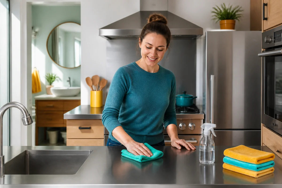 Personne nettoyant l’inox dans la maison avec un chiffon microfibre, entre cuisine et salle de bains modernes