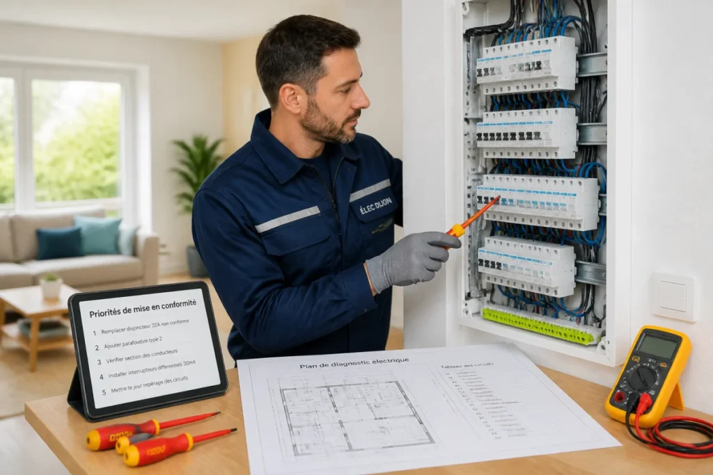 Nselec, électricien professionnel inspectant un tableau électrique résidentiel pour une mise en conformité près de Dijon
