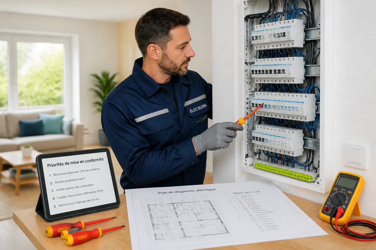 Nselec, électricien professionnel inspectant un tableau électrique résidentiel pour une mise en conformité près de Dijon