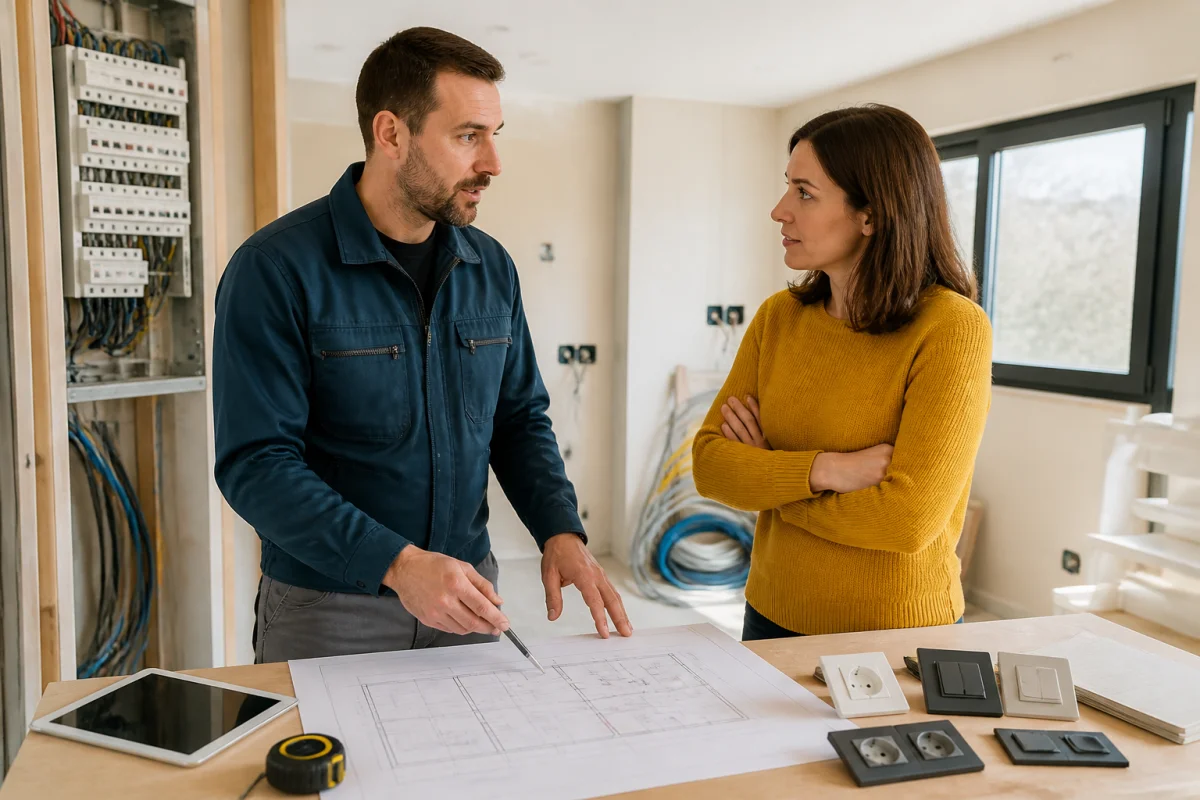 Nselec, électricien près de Dijon, conseille une propriétaire sur l’installation électrique d’une maison en rénovation