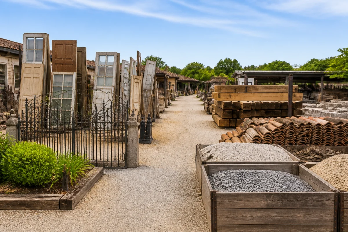 Cour de matériaux Occamat33 près de Bordeaux, avec menuiseries, portails, tuiles, poutres, granulats et béton concassé.