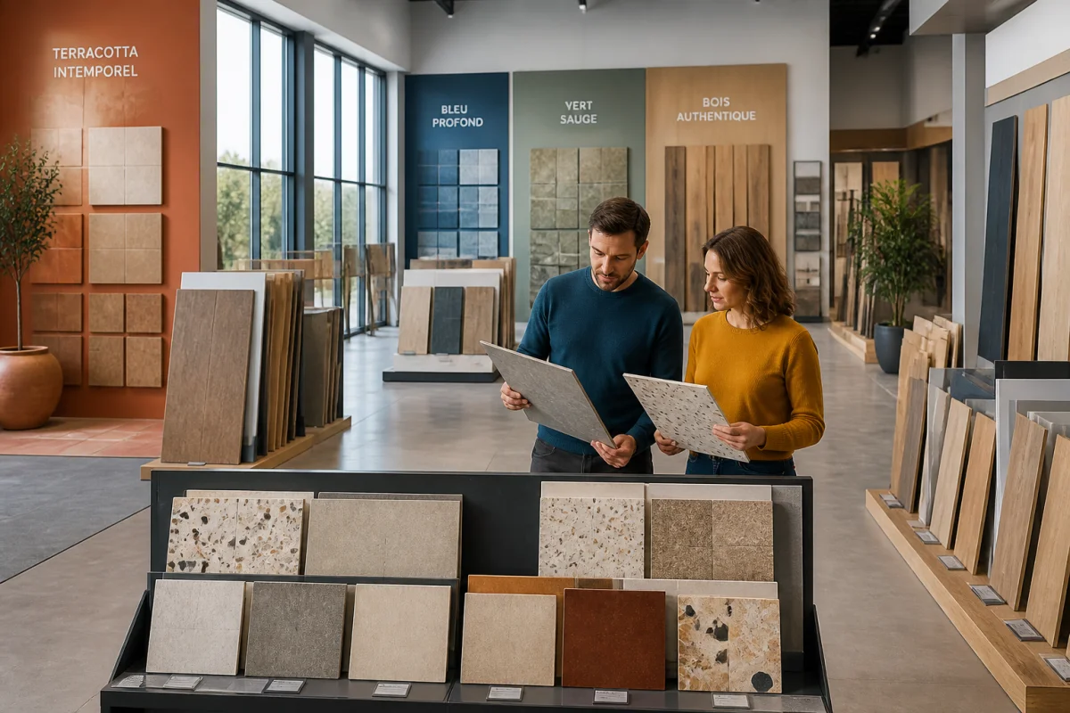 Occamat33, showroom près de Bordeaux présentant carrelage, pierre, bois et revêtements à deux visiteurs