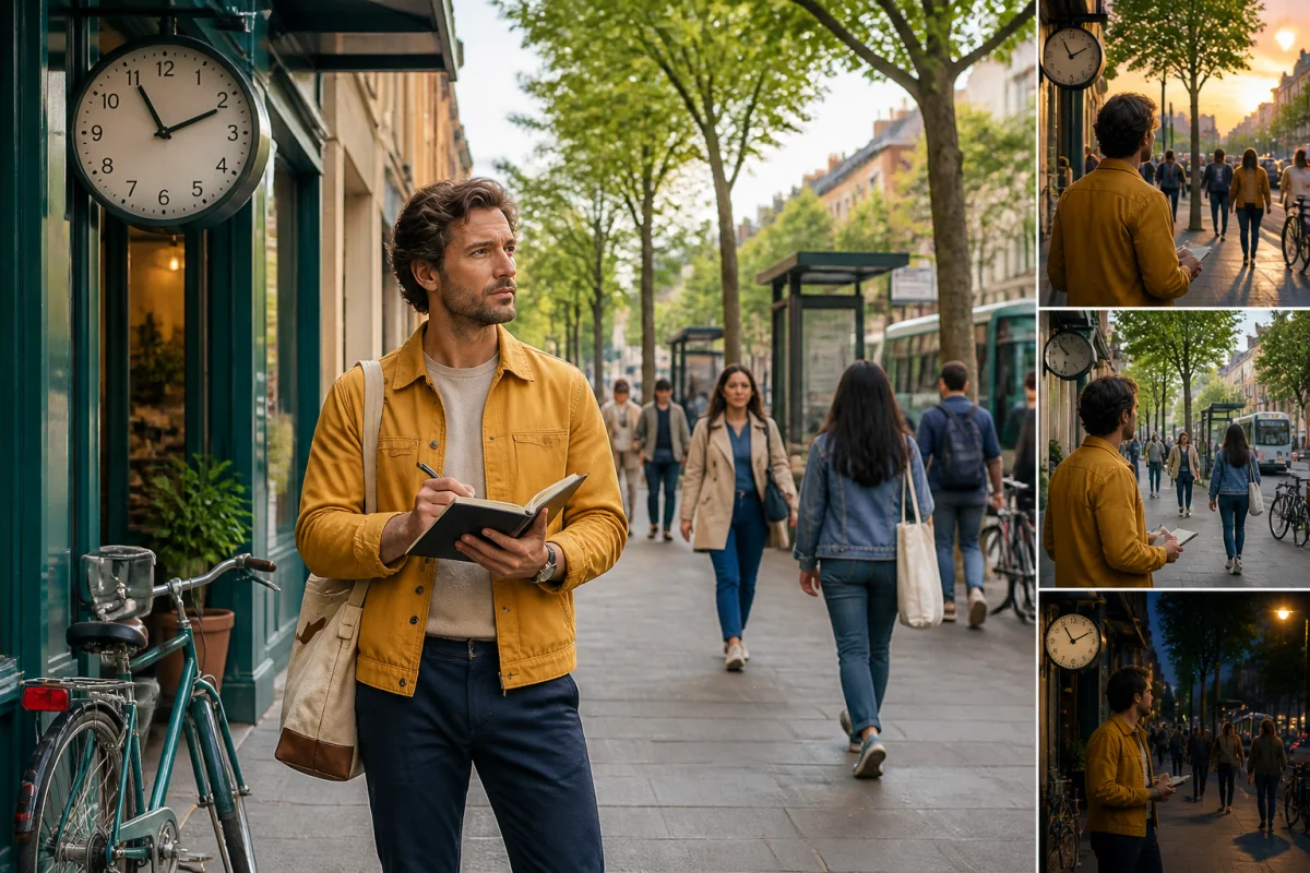 Entrepreneur analysant les flux de passants devant un local commercial avant d’ouvrir un commerce de proximité