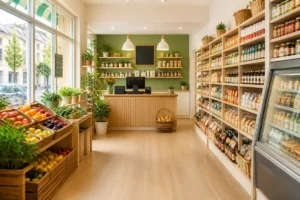 Commerce de proximité moderne et organisé, avec rayonnages alignés, comptoir fonctionnel et espace accueillant baigné de lumière naturelle