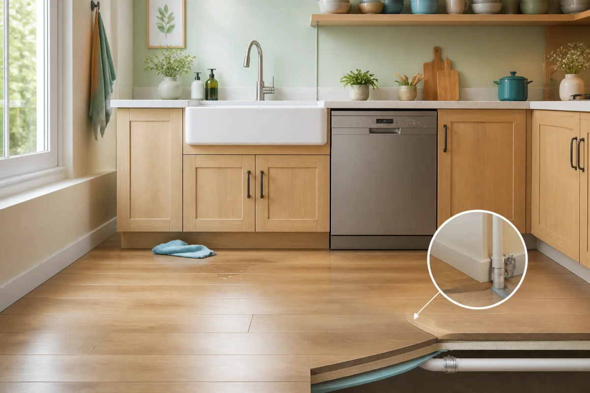 Parquet stratifié dans une cuisine exposé aux infiltrations d’eau près de l’évier et du lave-vaisselle