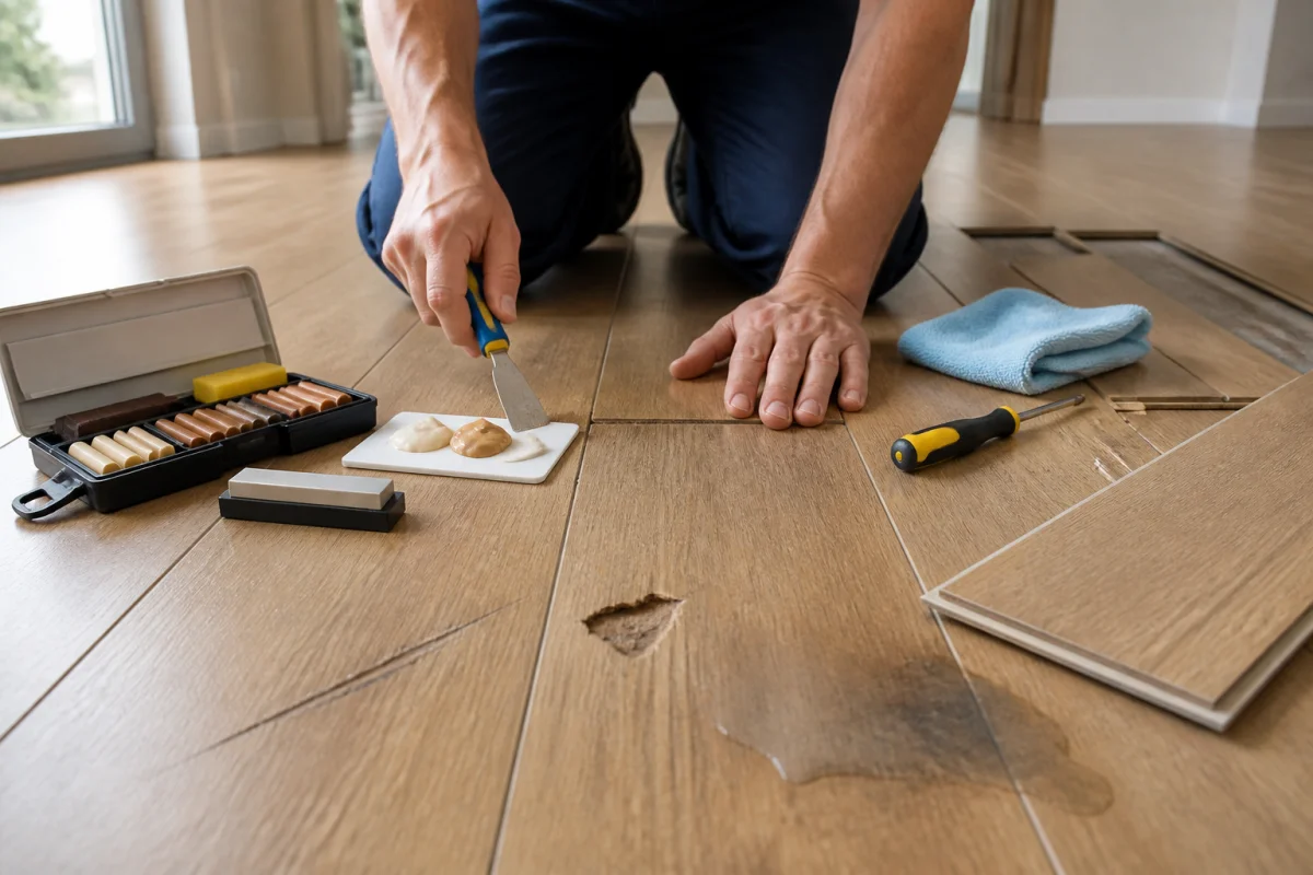 Artisan réparant un parquet stratifié abîmé, illustrant les inconvénients du parquet stratifié : rayures, éclat et lame gonflée.