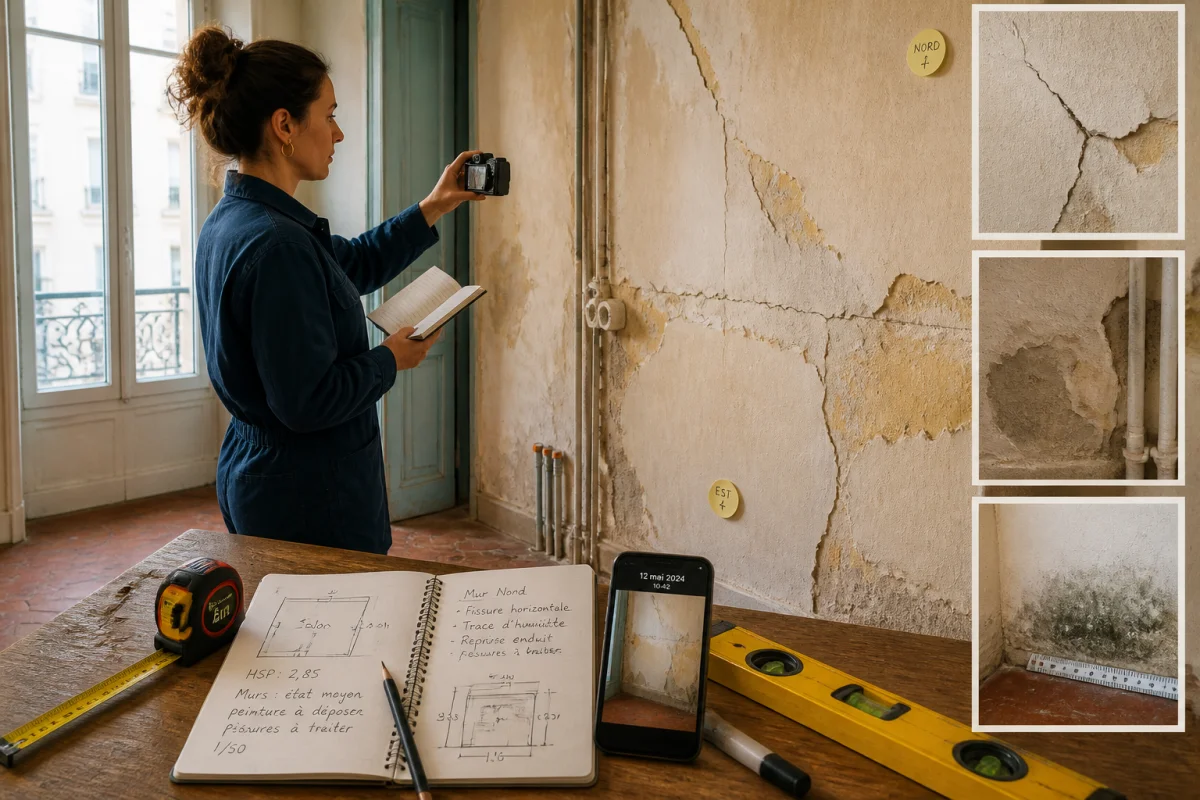 Préparer un chantier de rénovation dans un appartement ancien, avec relevé des fissures et mesures méthodiques.