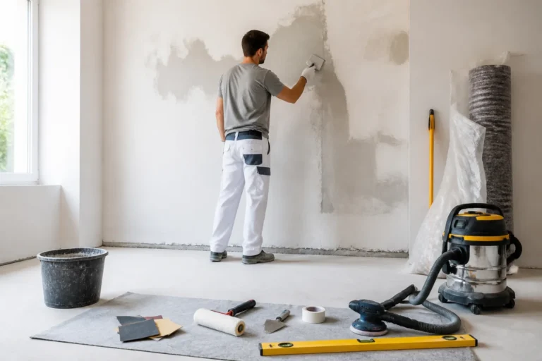 Artisan préparant méthodiquement un mur et un sol avant rénovation, avec outils et matériaux soigneusement rangés