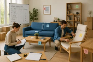 Préparer un logement avant divorce : deux adultes organisent meubles, inventaire et étiquettes numérotées dans un salon lumineux