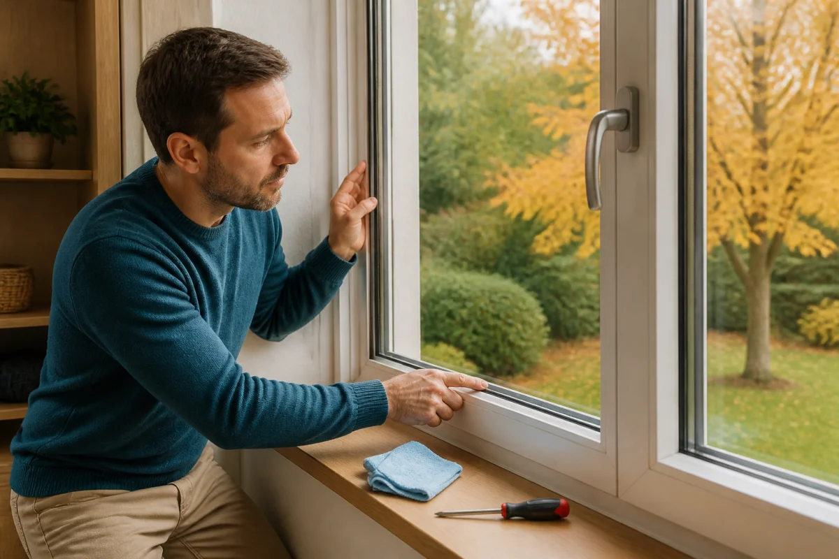 Personne vérifiant les joints d’une fenêtre pour préparer sa maison pour l’hiver, dans un intérieur chaleureux et lumineux