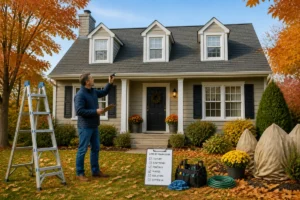 Propriétaire inspectant toiture, gouttières et fenêtres pour préparer sa maison pour l’hiver.