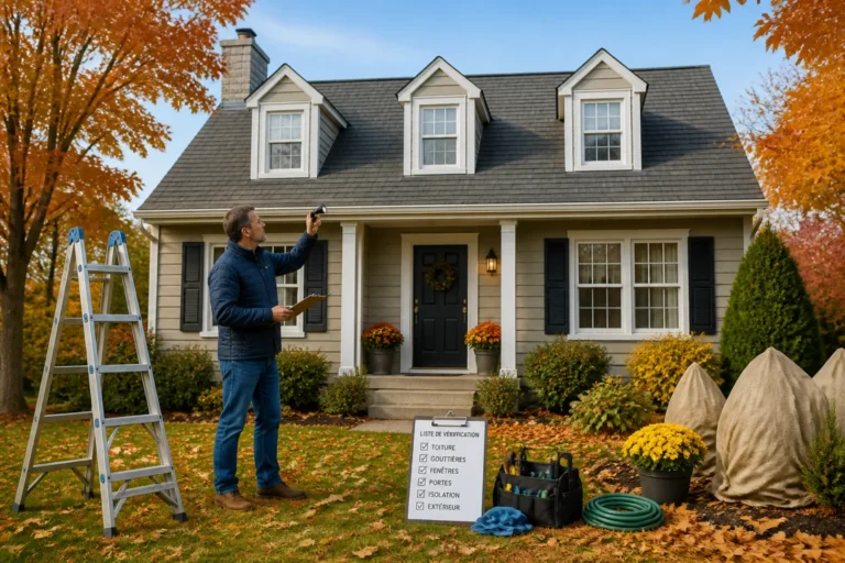 Propriétaire inspectant toiture, gouttières et fenêtres pour préparer sa maison pour l’hiver.
