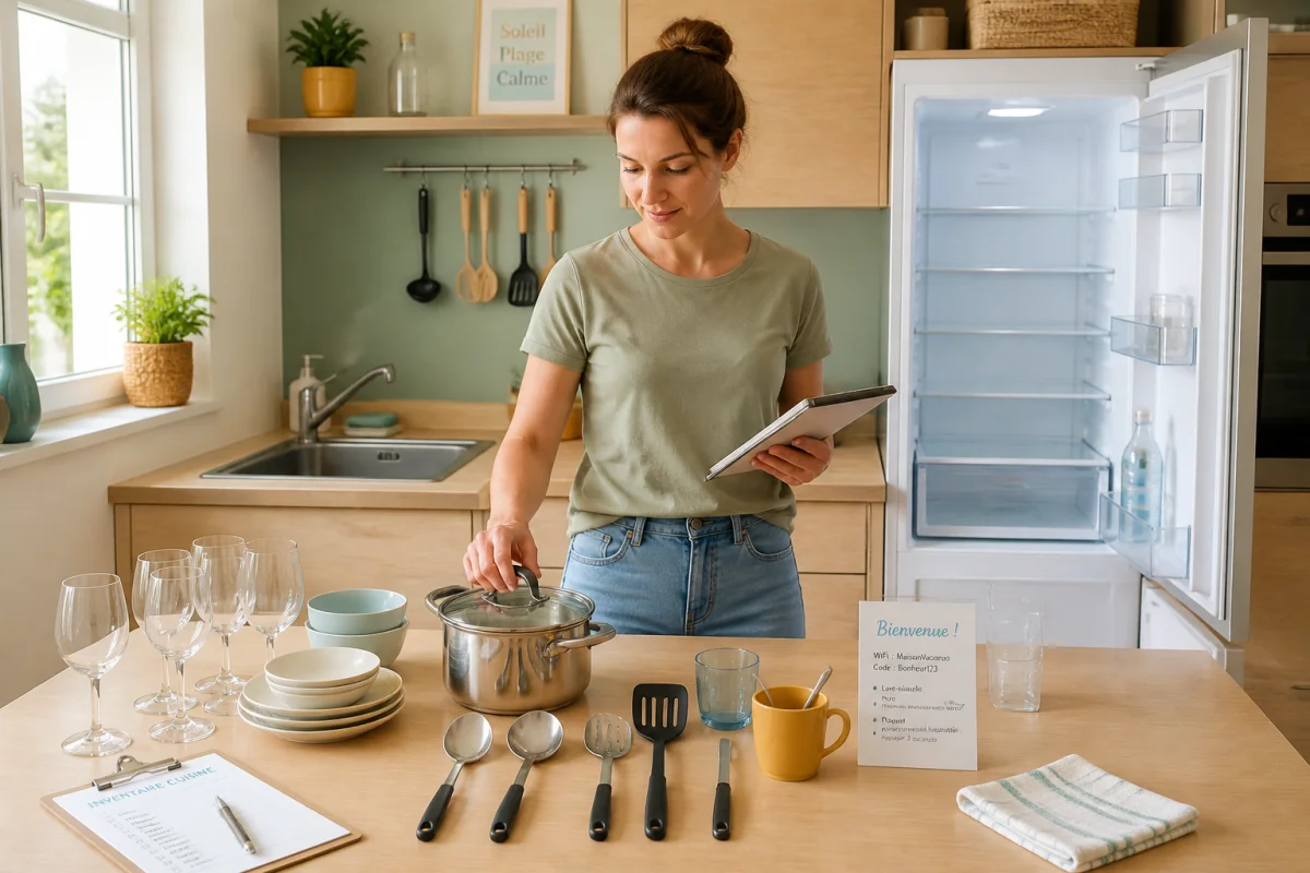 Personne vérifiant une cuisine fonctionnelle avant location saisonnière, avec équipements ordonnés et réfrigérateur partiellement vide.