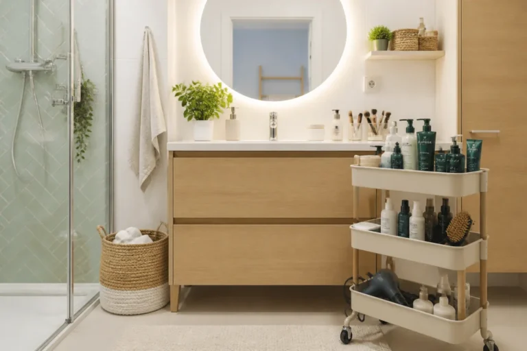 Salle de bain rénovée et fonctionnelle avec meuble vasque, miroir éclairé, produits capillaires et rangements organisés