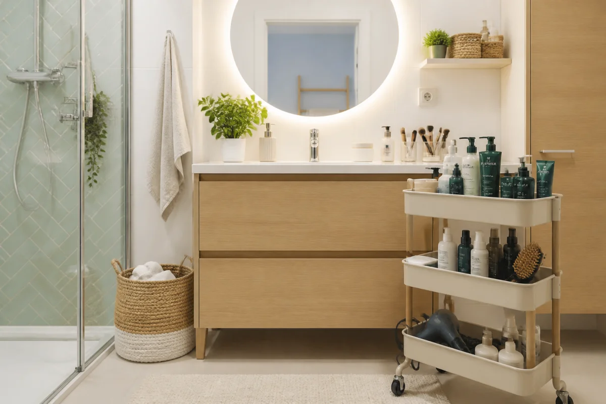 Salle de bain rénovée et fonctionnelle avec meuble vasque, miroir éclairé, produits capillaires et rangements organisés