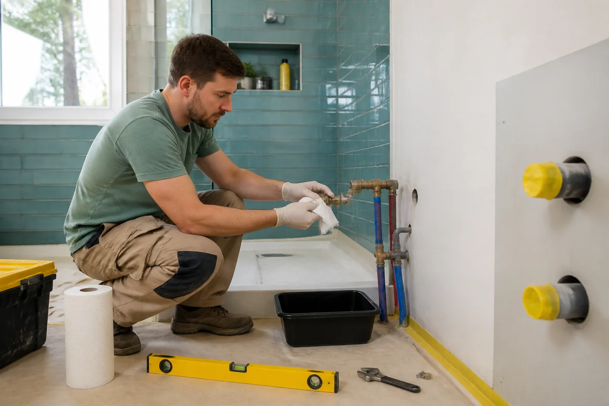 Artisan vérifiant les raccords d’eau lors de la préparation d’une rénovation de salle de bain en chantier