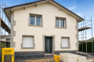Ravalement de façade et isolation thermique extérieure avec panneaux isolants posés autour des fenêtres et échafaudage sécurisé