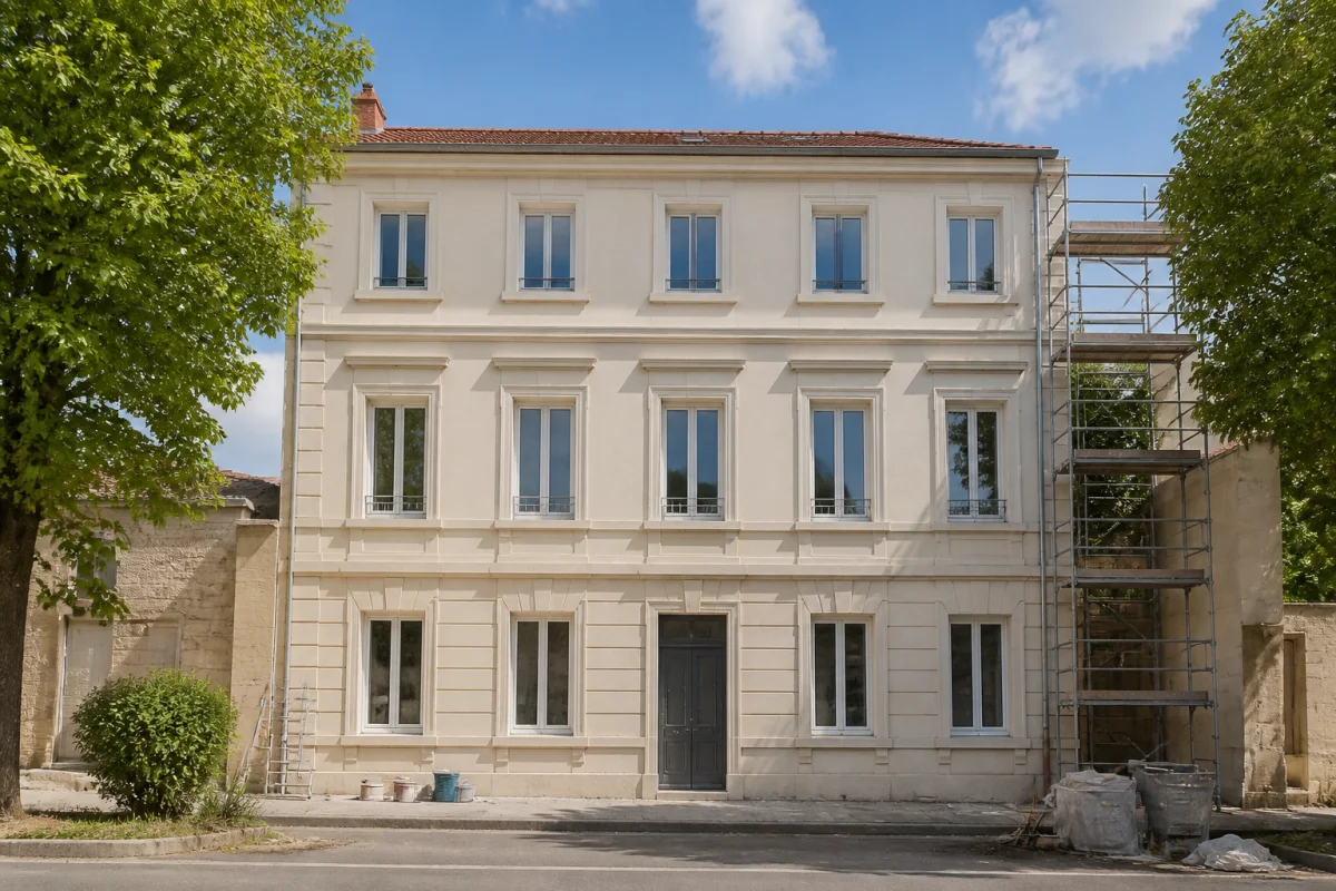 Ravalement de façade et isolation thermique d’un immeuble résidentiel rénové avec échafaudage partiellement démonté