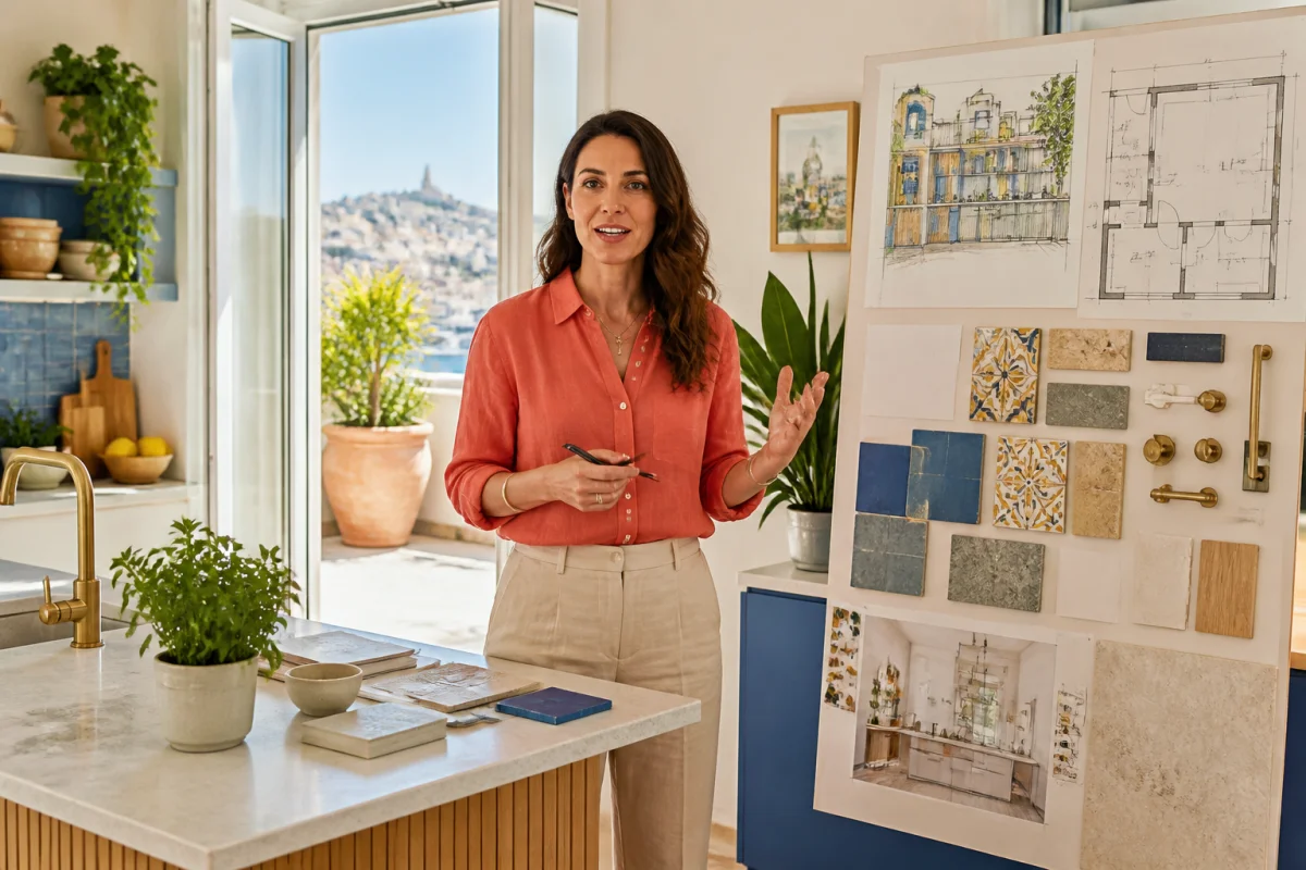 Architecte d’intérieur présentant un projet de cuisine contemporaine marseillaise avec plans, matériaux et échantillons colorés 马会