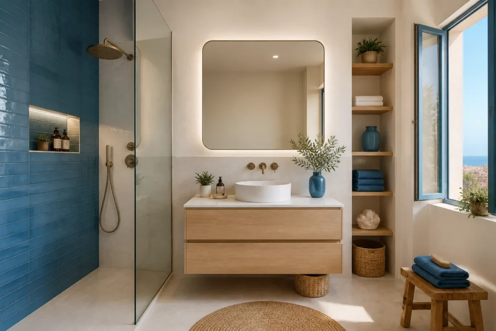 Salle de bain contemporaine aux influences méditerranéennes, illustrant un projet intérieur Rb Marseille.
