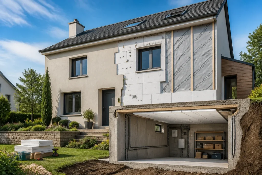 Rénovation énergétique d’une maison avec isolation extérieure des murs et plafond de cave isolé Lasanble