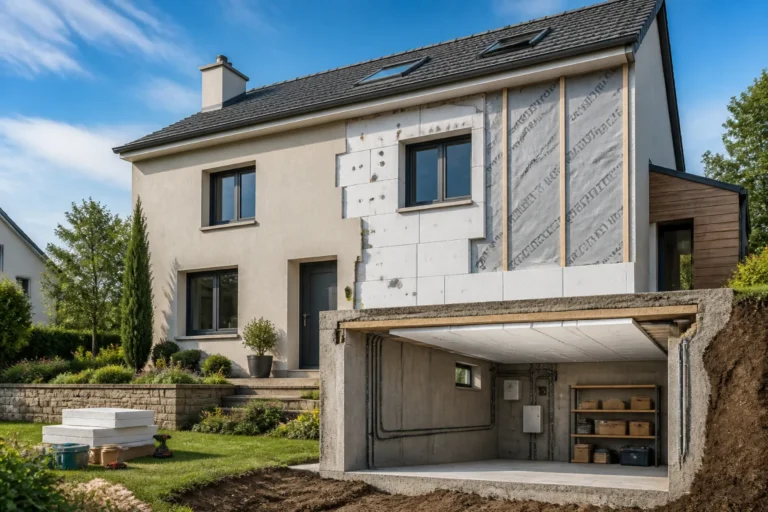 Rénovation énergétique d’une maison avec isolation extérieure des murs et plafond de cave isolé Lasanble