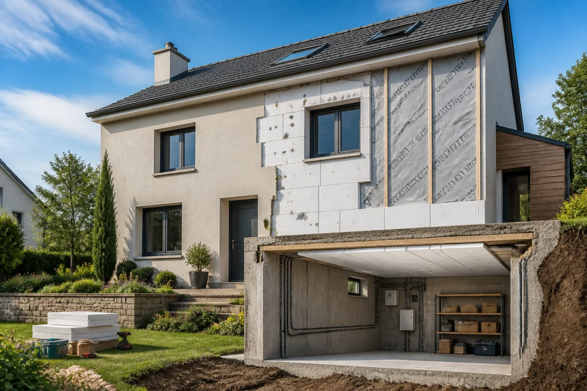 Rénovation énergétique d’une maison avec isolation extérieure des murs et plafond de cave isolé Lasanble