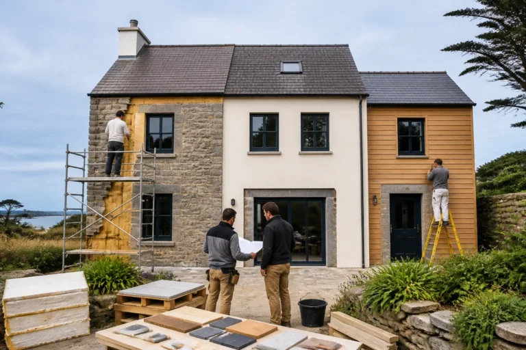 Maison bretonne en rénovation énergétique avec fenêtres performantes, isolation, bardage bois et artisans au travail.