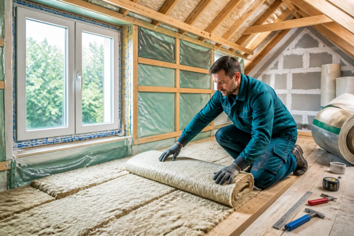 Artisan posant un isolant dans les combles lors d’une rénovation énergétique de maison, avec fenêtre neuve étanche