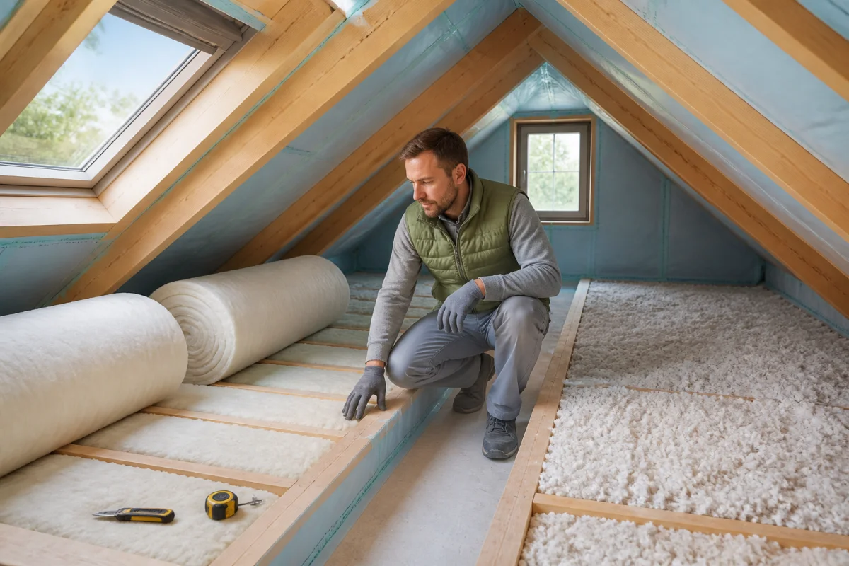 Professionnel inspectant une isolation récente dans des combles aménagés, illustrant une rénovation énergétique maison maîtrisée.