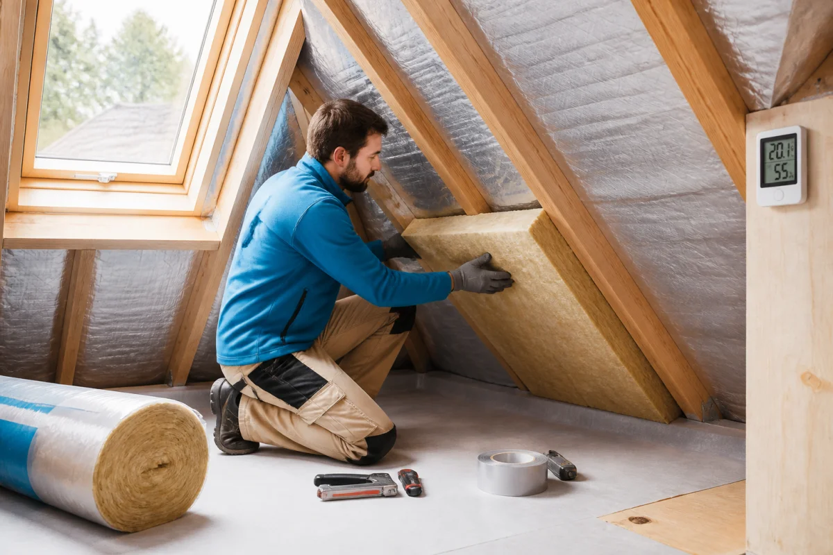 Professionnel posant une isolation thermique dans les combles lors d’une rénovation énergétique de maison