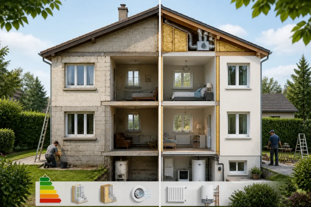 Maison individuelle en cours de rénovation énergétique avec combles isolés, ventilation modernisée et chauffage performant