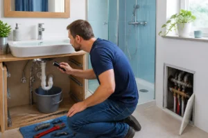 Propriétaire inspectant une fuite d’eau sous un lavabo et près d’une douche après rénovation de salle de bains