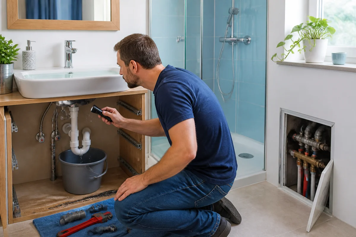 Propriétaire inspectant une fuite d’eau sous un lavabo et près d’une douche après rénovation de salle de bains