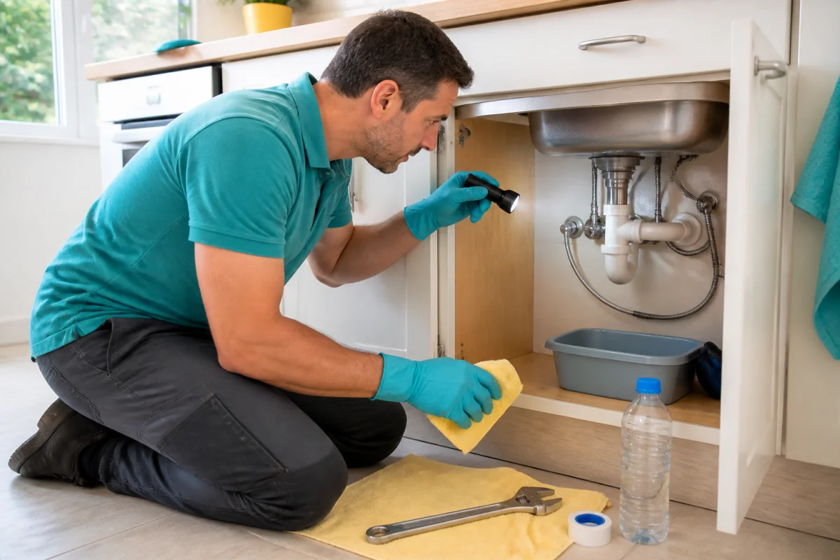 Réparer une fuite d’eau dans sa maison : inspection du siphon et des raccords sous un évier.